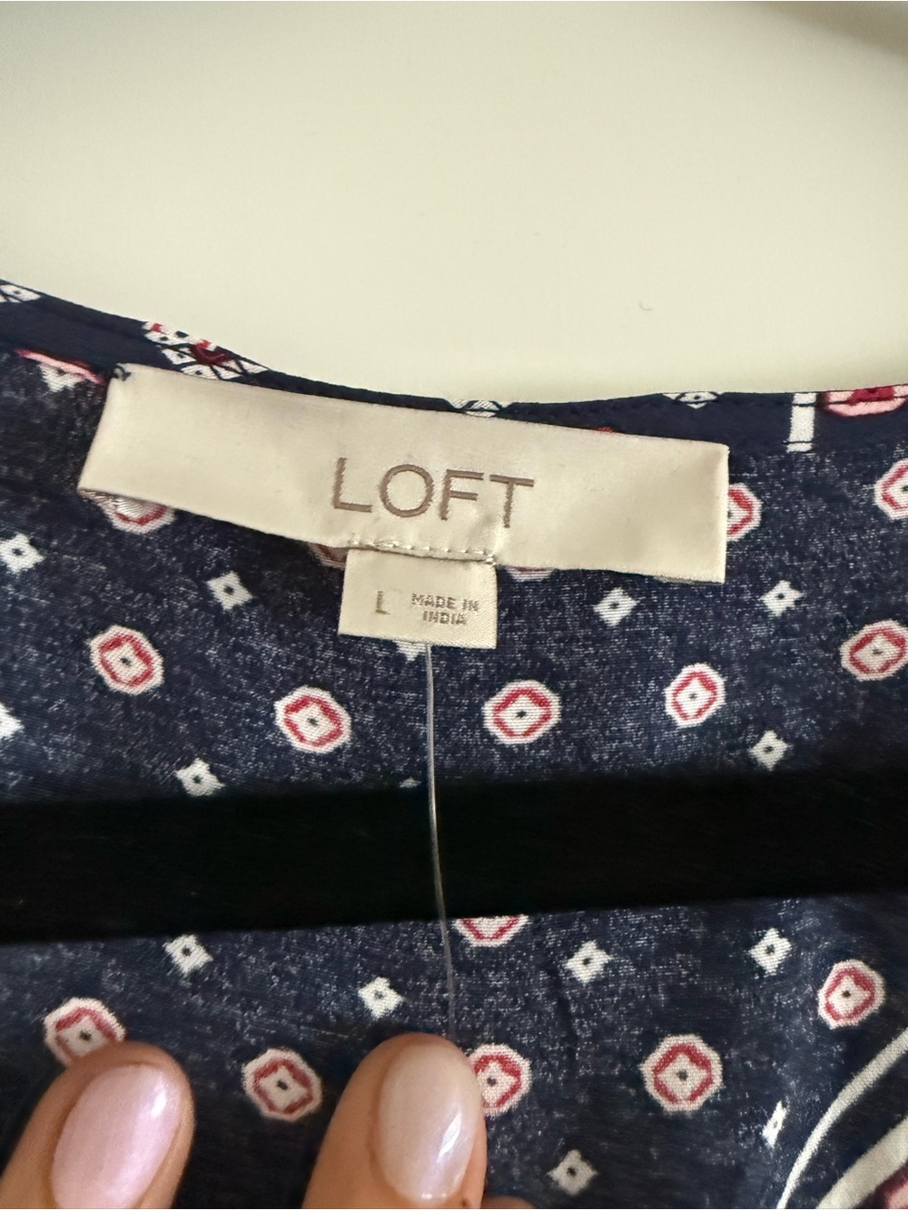 LOFT Navy Blouse with Red & White Diamond Print